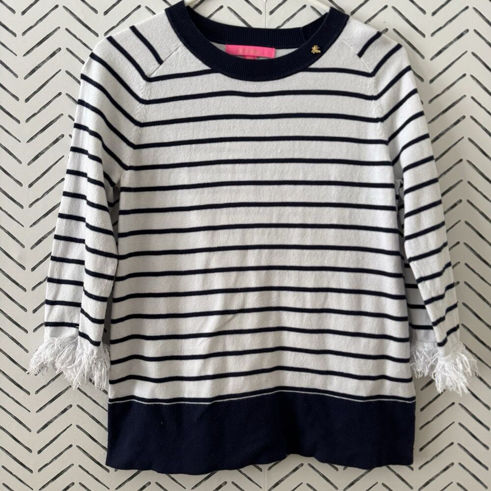 Lilly Pulitzer Dasha Sweater True Navy White Stripe Size Small Fringe Resort‎